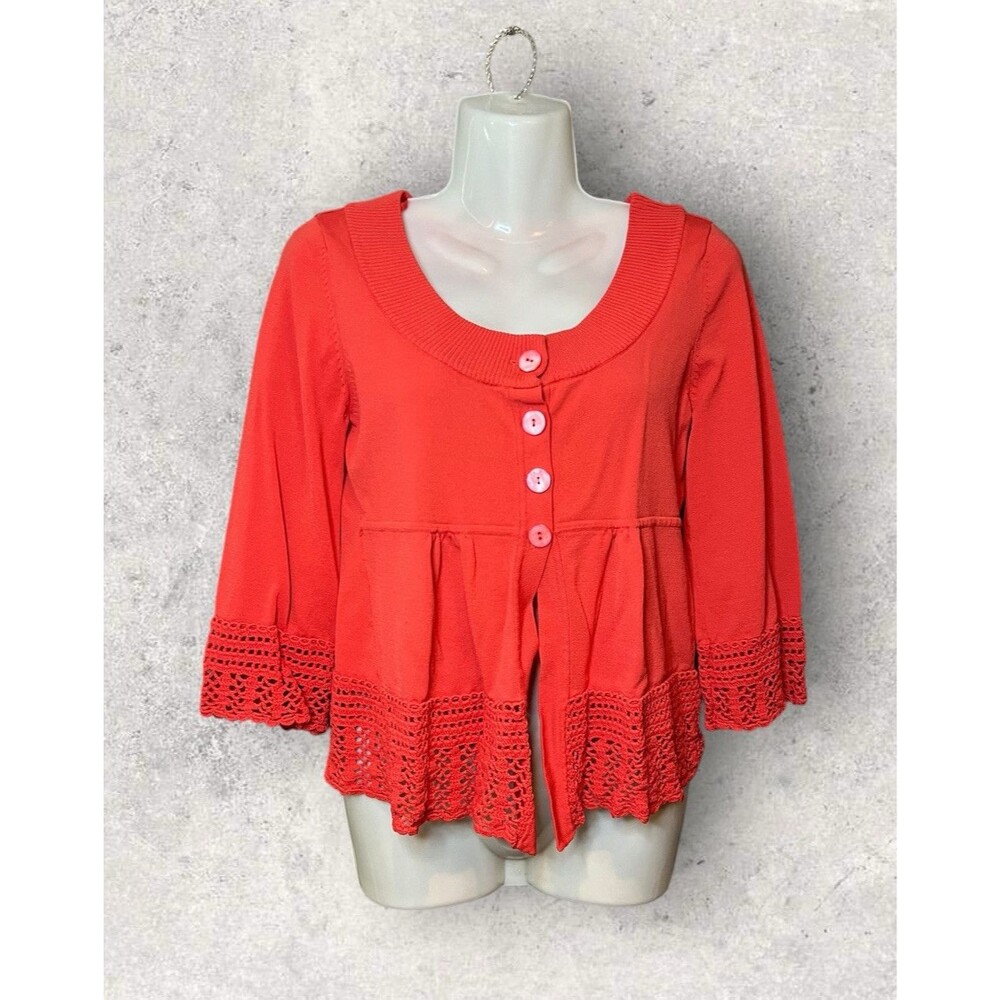Linda Matthews New York Women's Size Small Lace Detail Half Sleeve Blouse Red